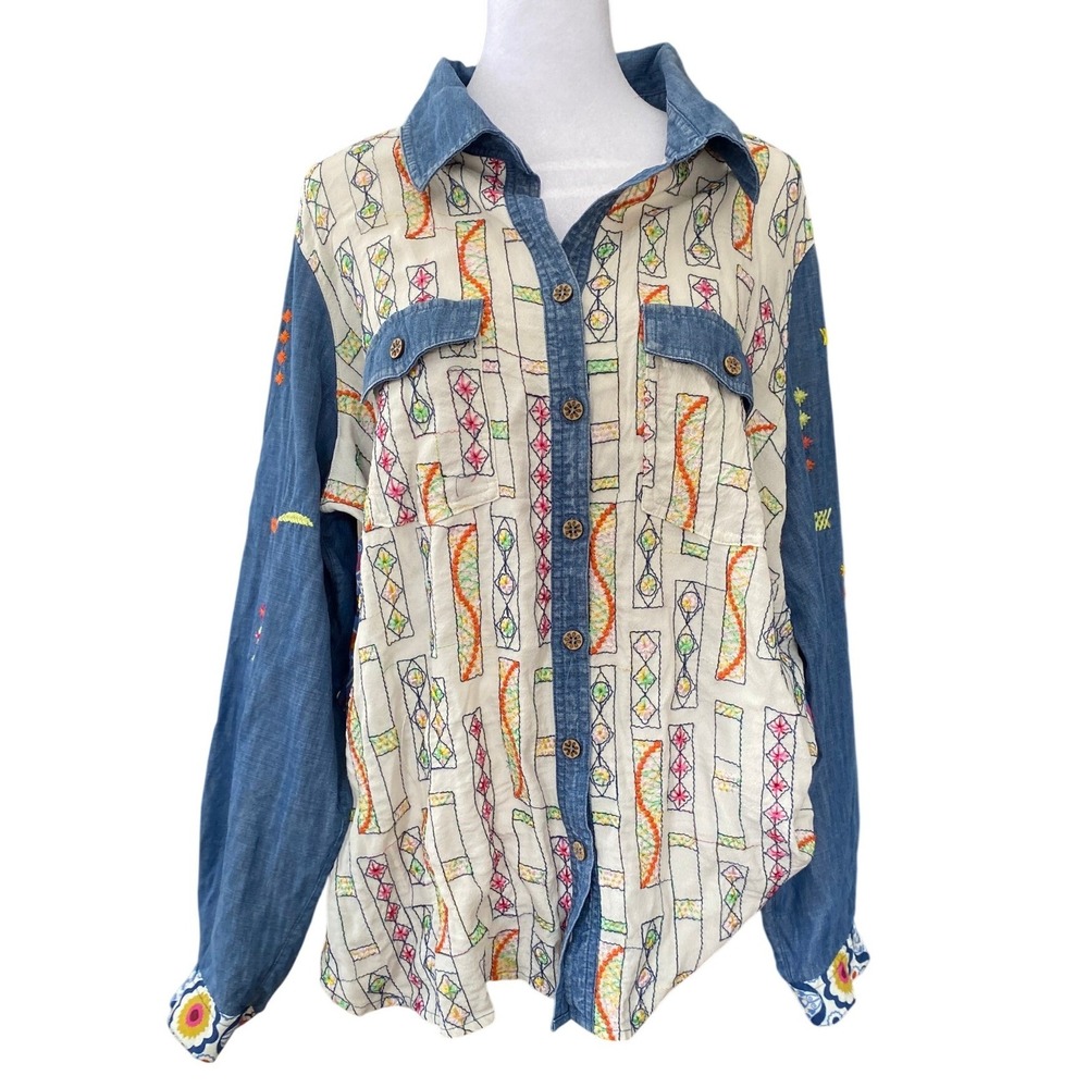 John Mark Embroidered Floral Denim Button Up Shirt 2X Boho Hippie Festival Artsy